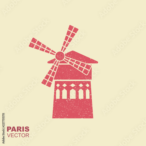 Famous landmark Moulin Rouge Paris France. Vector flat icon