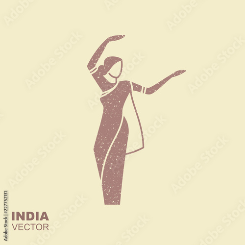 Dancing Indian woman in traditional clothing. Flat icon