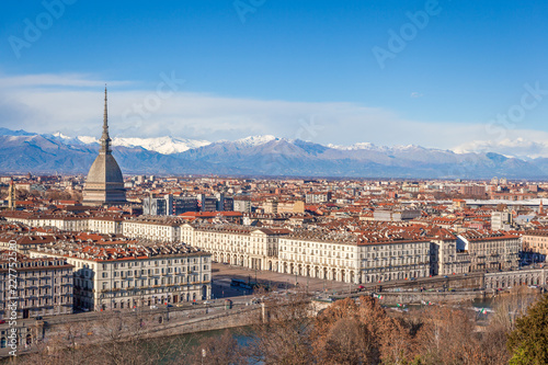 Mole Antonelliana and snow caped Alps, Turin, Italy