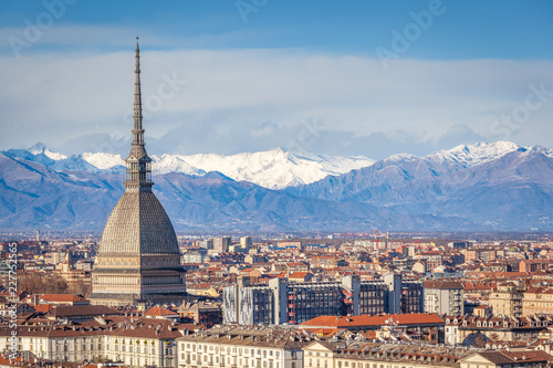 Mole Antonelliana and snow caped Alps, Turin, Italy