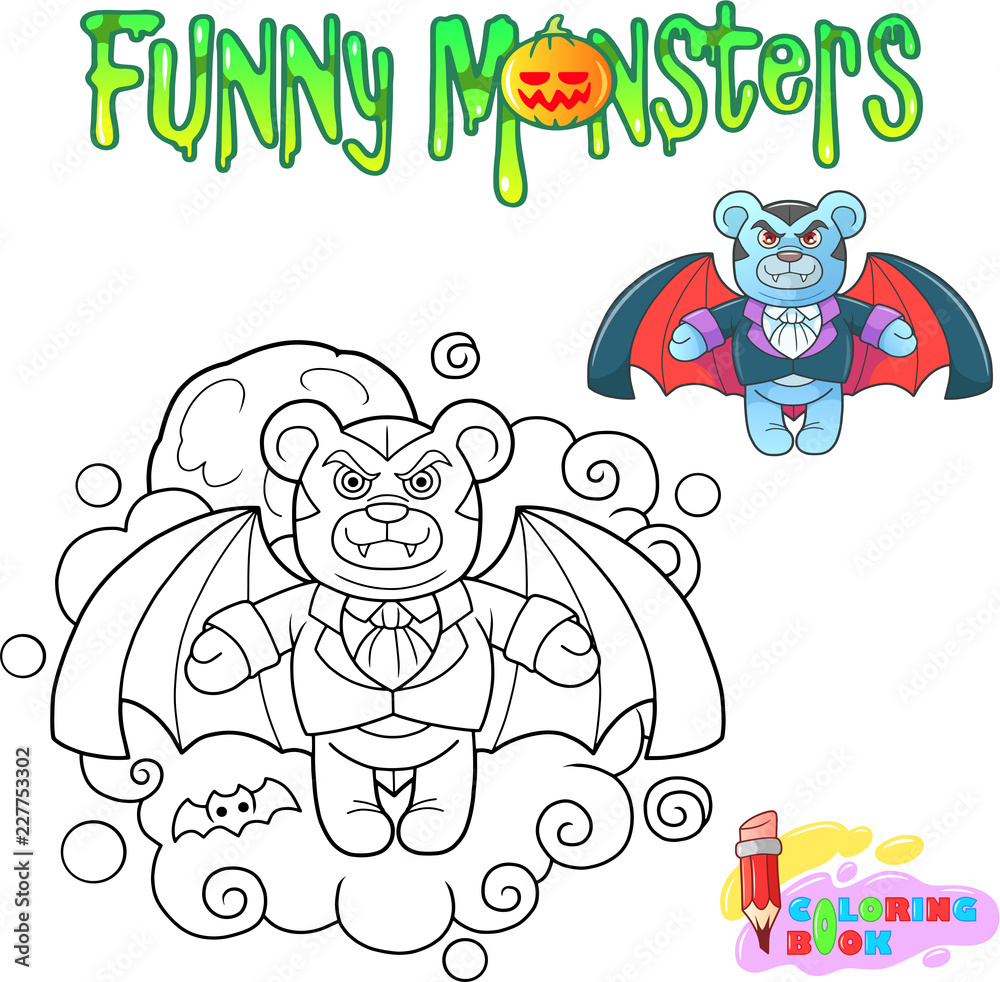 cartoon teddy bear vampire, funny illustration coloring book