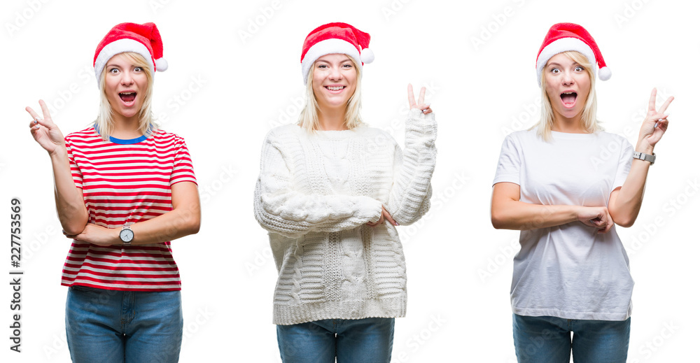 Fototapeta premium Collage of beautiful blonde woman wearing christmas hat over isolated background smiling with happy face winking at the camera doing victory sign. Number two.
