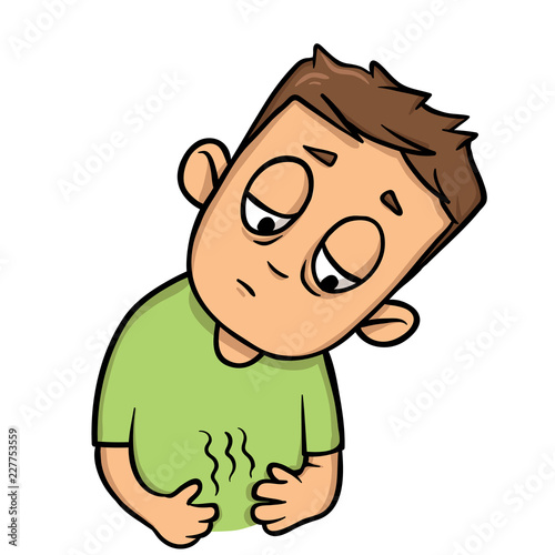 Guy looking down at his stomach growling in hunger pangs. Flat design icon. Colorful flat vector illustration. Isolated on white background.