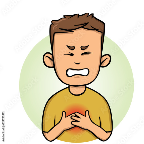 Young man feeling chest pain. Angina, heart attack. Colorful flat vector illustration. Isolated on white background.