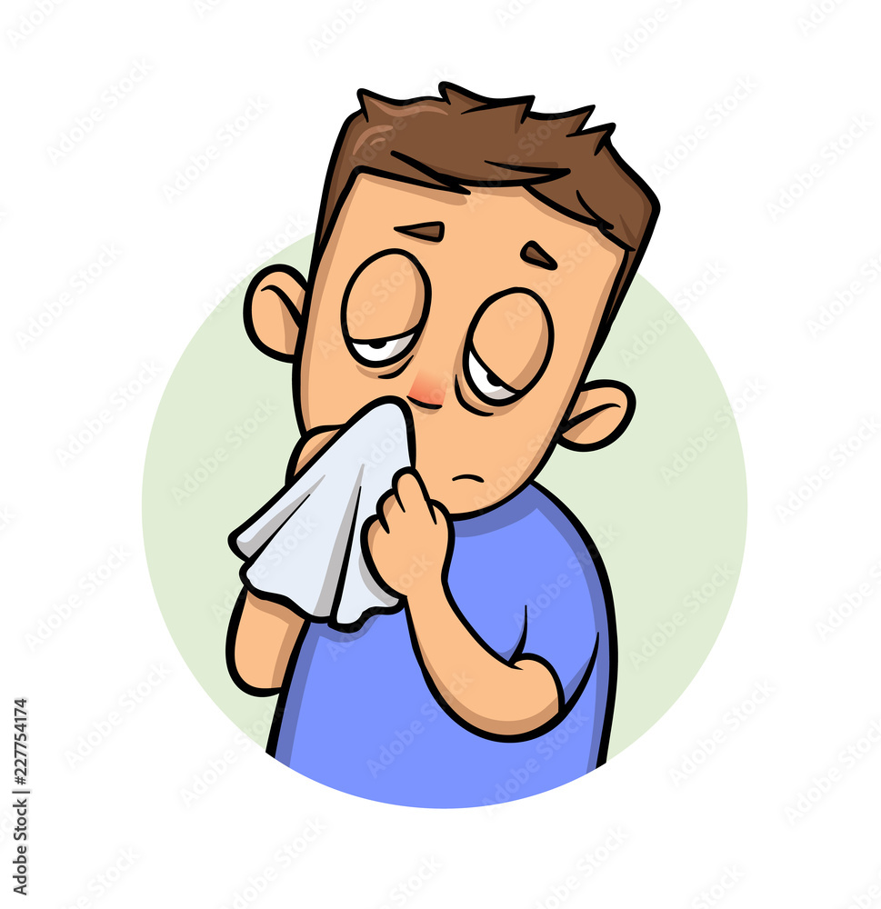 Running nose. Sick boy with a handkerchief. Cartoon design icon. Colorful flat vector illustration. Isolated on white background. Running nose. Sick boy with a handkerchief. Cartoon design icon. Colorful flat vector illustration. Isolated on white background.