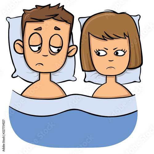 Unhappy young couple in bed, problems, family crisis. Cartoon design icon. Colorful flat vector illustration. Isolated on white background.