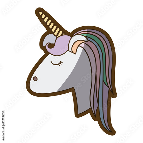 white background with face side view of female unicorn and color striped mane and thick contour