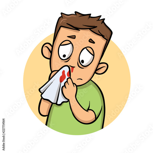 Boy with bleeding nose. Cartoon design icon. Colorful flat vector illustration. Isolated on white background.