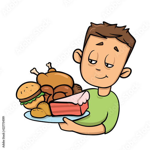 Boy holding plate full of junk food. Overeating. Cartoon design icon. Colorful flat vector illustration. Isolated on white background.
