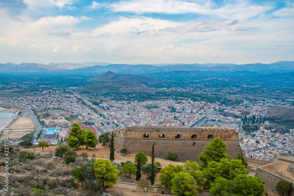 Panoramic view of Nafplio city and the Palamidi castle in Peloponnese, Greece