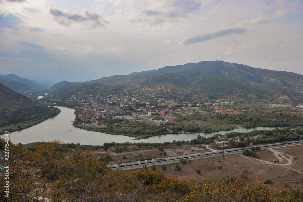 The view on Mtskheta city at the point of  confluence of two rivers Mtkvari and Aragvi, GEORGIA