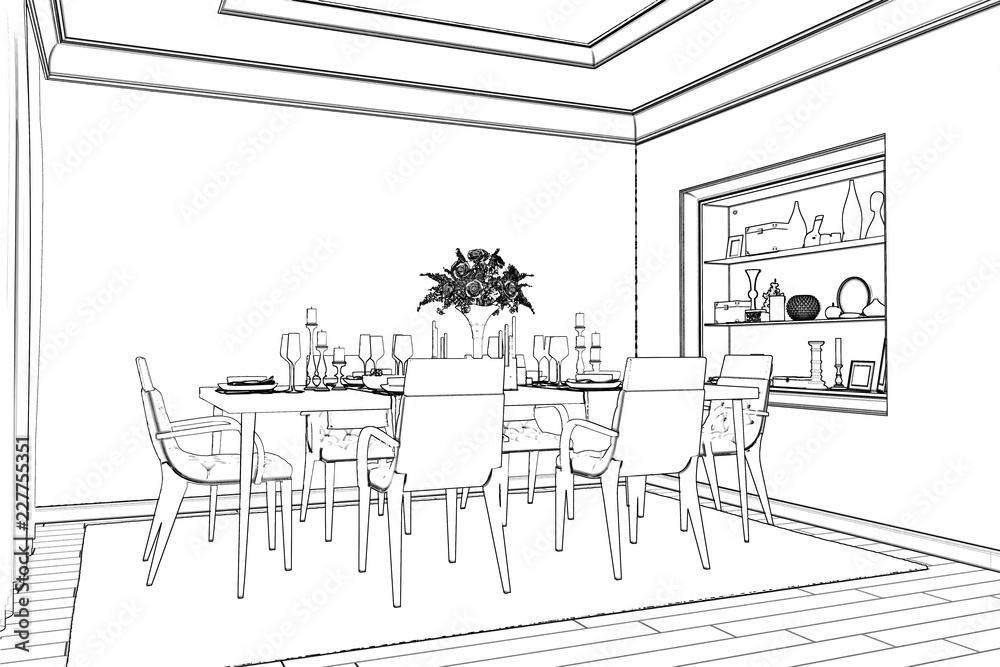 3d illustration. The sketch of the dining room