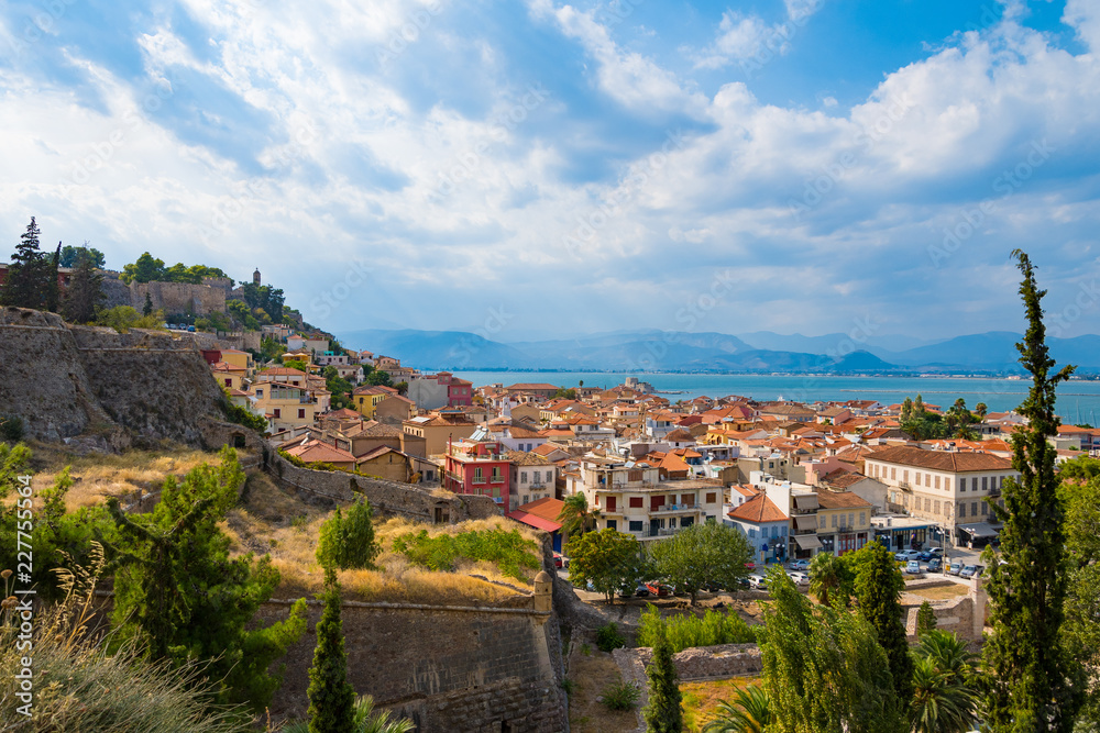 View of the old town of Nafplio city from Palamidi castle in Peloponnese, Greece