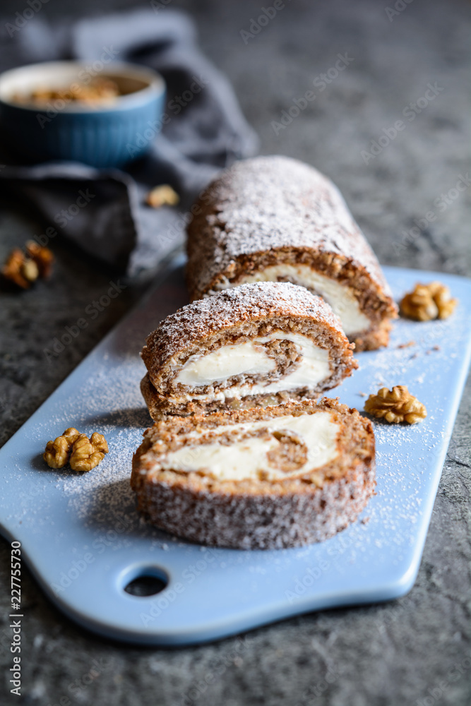 Walnut meringue roulade with mascarpone filling Stock Photo Adobe Stock