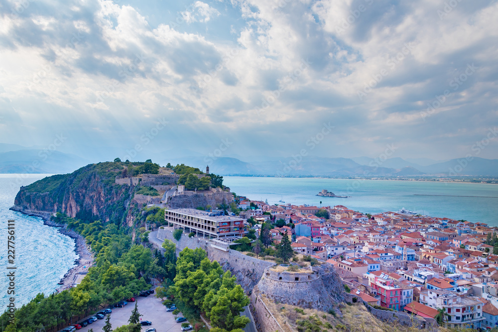 Panoramic view of the old town of Nafplio city from Palamidi castle in Peloponnese, Greece