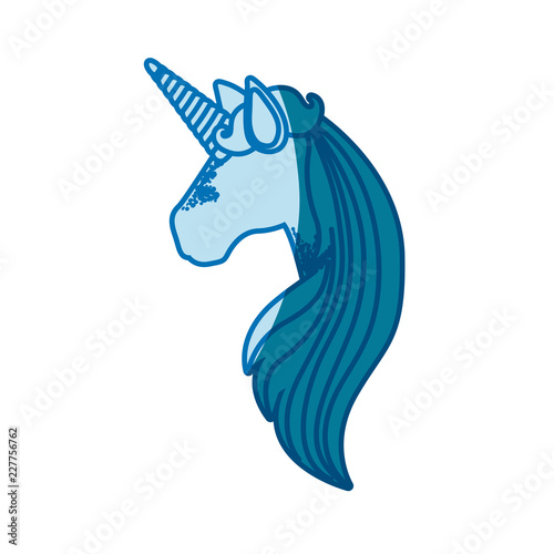 blue silhouette of faceless side view of unicorn and long striped mane
