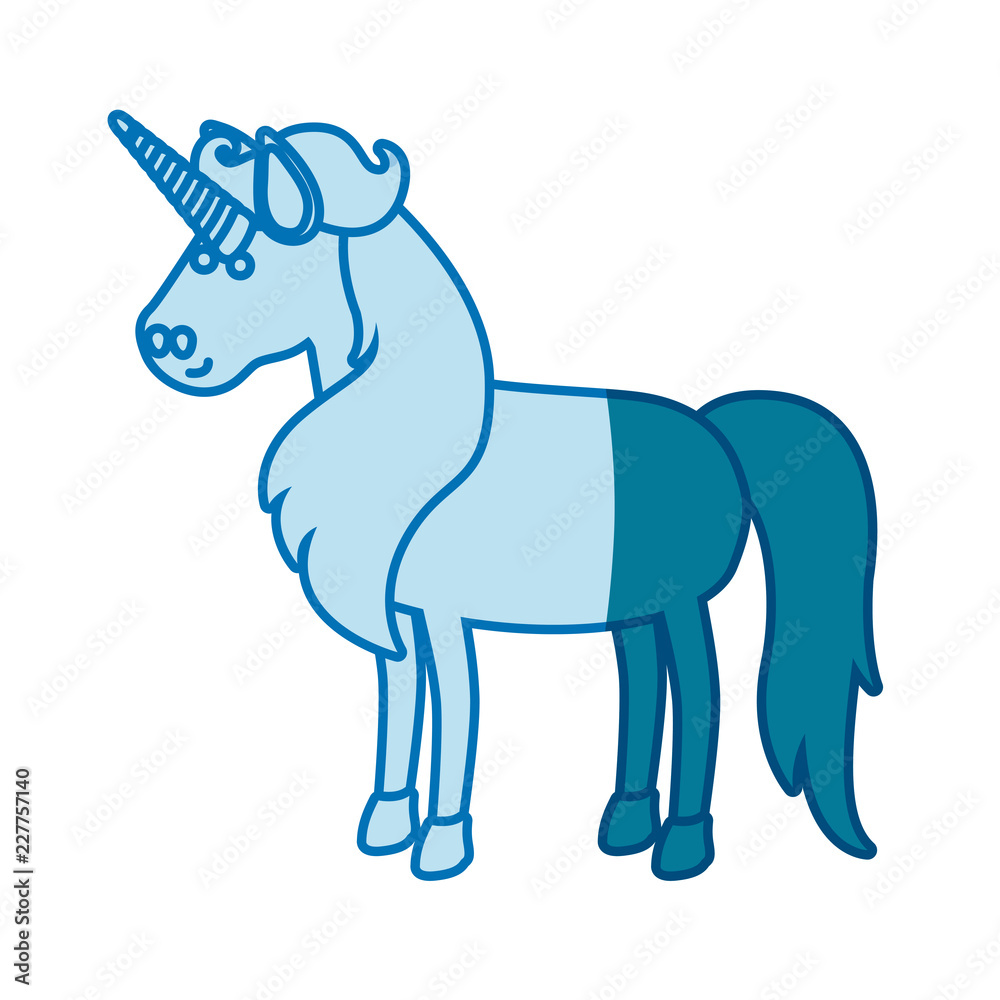 blue silhouette of cartoon unicorn standing with long mane