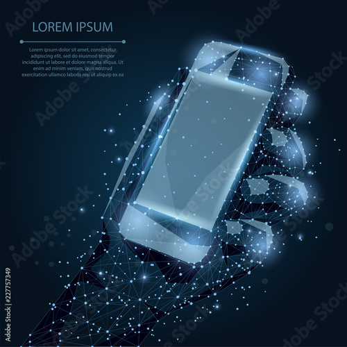 Abstract line and point Mobile phone with empty screen, holding by man hand. Communication app smartphone concept on dark blue night sky with stars. Polygonal low poly vector with connecting dots