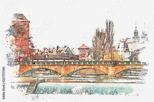 A watercolor sketch or an illustration of traditional German architecture in Nuremberg in Germany. Residential buildings, bridge and river.