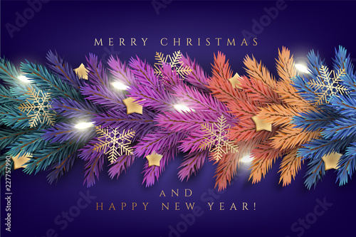 Holiday's Background for Merry Christmas greeting card with a realistic colorful garland of pine tree branches, decorated with Christmas lights, gold stars, snowflakes
