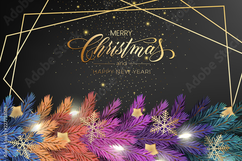 Holiday's Background for Merry Christmas greeting card with a realistic colorful garland of pine tree branches, decorated with Christmas lights, gold stars, snowflakes