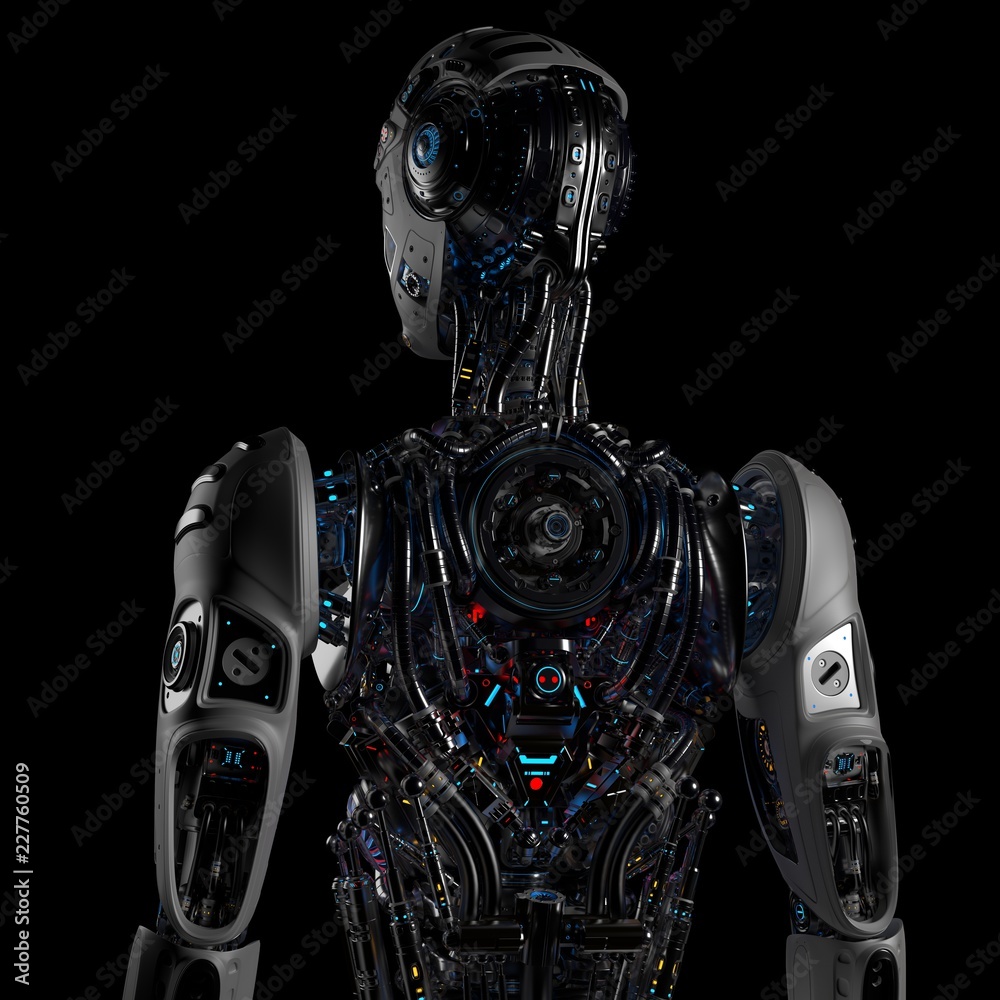 Illustrazione Stock Robot Man or very detailed futuristic cyborg with  uncovered internal body parts. Isolated on black background. Back view. 3D  Render. | Adobe Stock