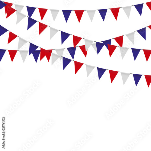Garland with triangle celebration flags, white, blue, red pennants on a white background.