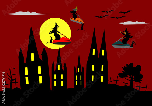 Funny Halloween, three witches are riding a jet ski on red sky. The moon and the castle are the background.
