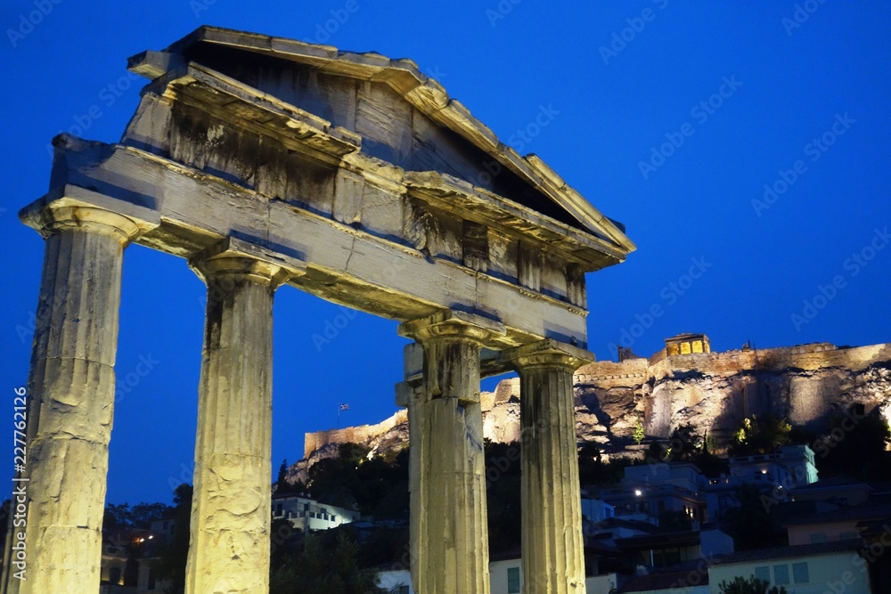 Greek ruins lit at night