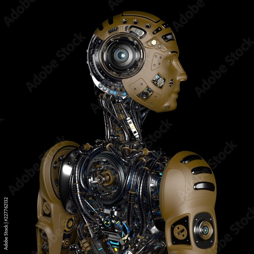 Robot Man or very detailed futuristic cyborg with uncovered internal body parts. Isolated on black background. Back view. 3D Render.