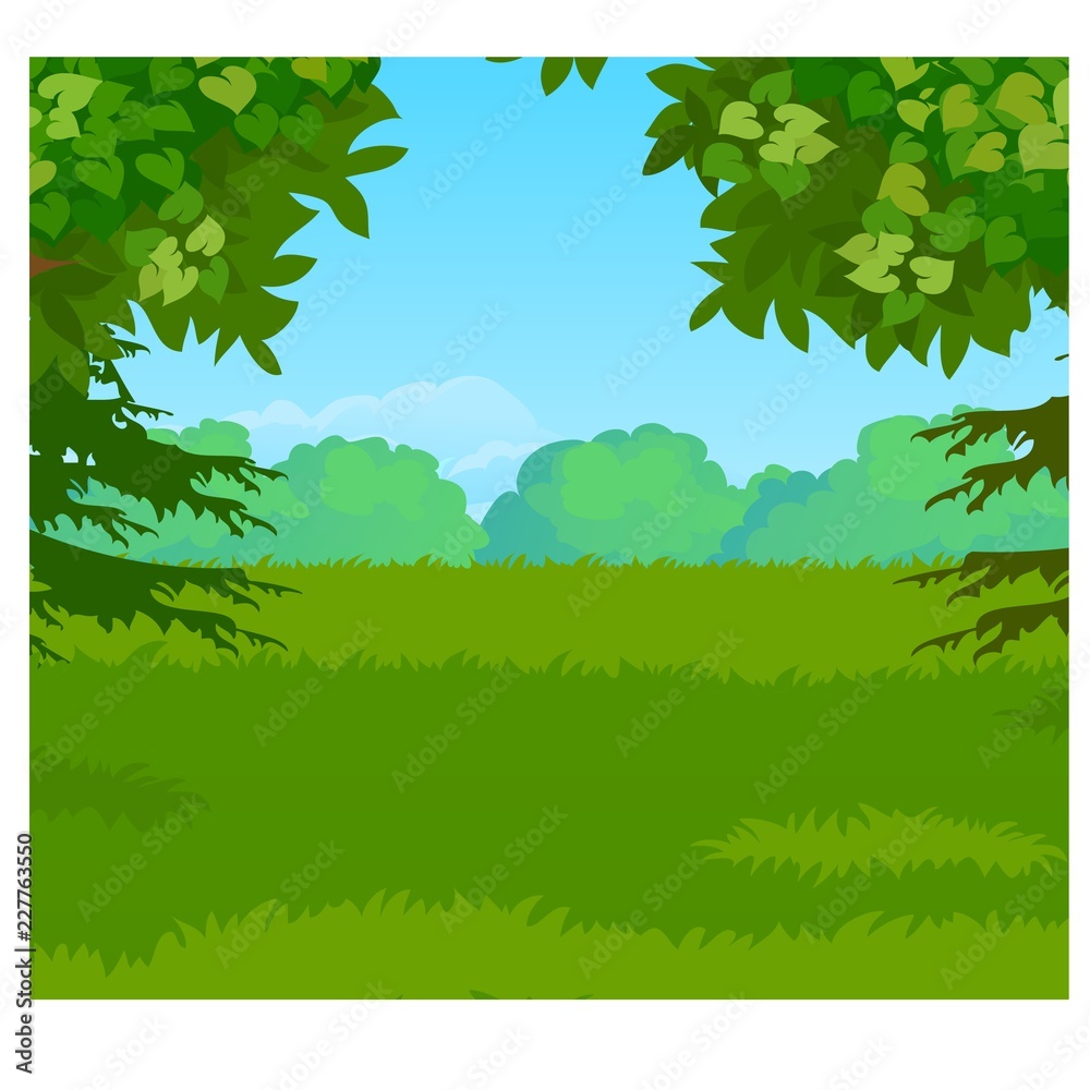 Landscape with forest on the horizon and green grass meadow. Vector cartoon  close-up illustration. Stock Vector | Adobe Stock