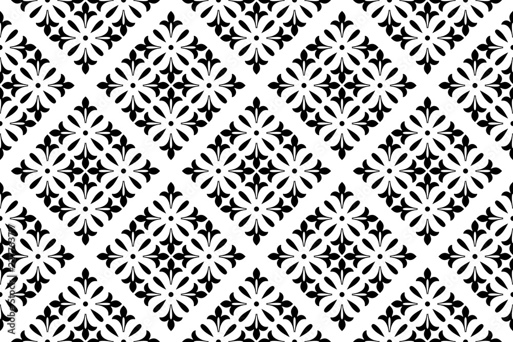 Flower geometric pattern. Seamless vector background. White and black ornament. Ornament for fabric, wallpaper, packaging, Decorative print Flower geometric pattern. Seamless vector background. White and black ornament. Ornament for fabric, wallpaper, packaging, Decorative print
