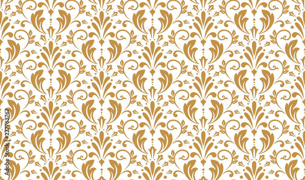 Wallpaper in the style of Baroque. Seamless vector background. White and gold floral ornament. Graphic pattern for fabric, wallpaper, packaging. Ornate Damask flower ornament