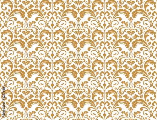 Wallpaper in the style of Baroque. Seamless vector background. White and gold floral ornament. Graphic pattern for fabric, wallpaper, packaging. Ornate Damask flower ornament