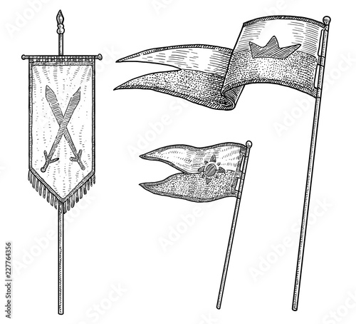 Medieval age flags illustration, drawing, engraving, ink, line art, vector