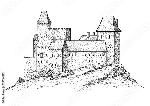 Medieval castle illustration, drawing, engraving, ink, line art, vector