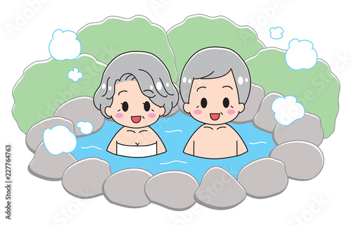 An old couple entering a hot spring
