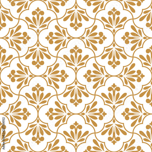 Flower geometric pattern. Seamless vector background. White and gold ornament. Ornament for fabric, wallpaper, packaging. Decorative print
