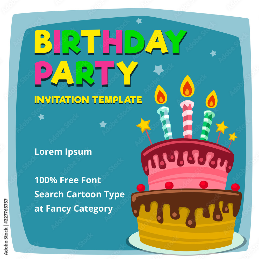 vector cartoon fun birthday party invitation card banner design template  with birthday cake candle and text space in blue color for boy Stock Vector  | Adobe Stock