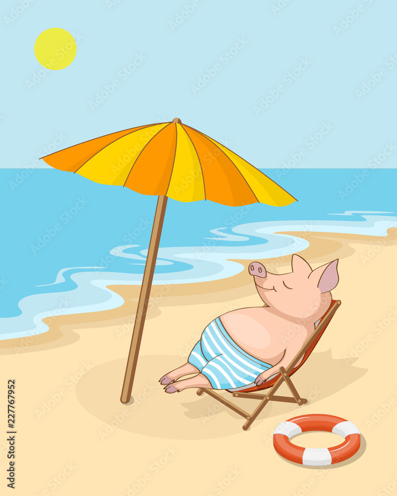 Happy piglet on the beach