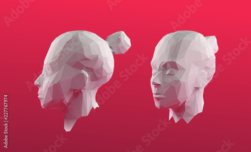 Poly White Female Head on Red Vector 3D Rendering
