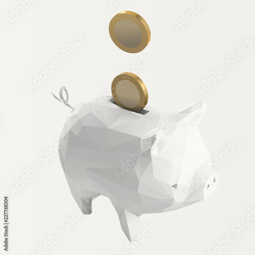 Light white piggy bank and coins. Income and taxes concept