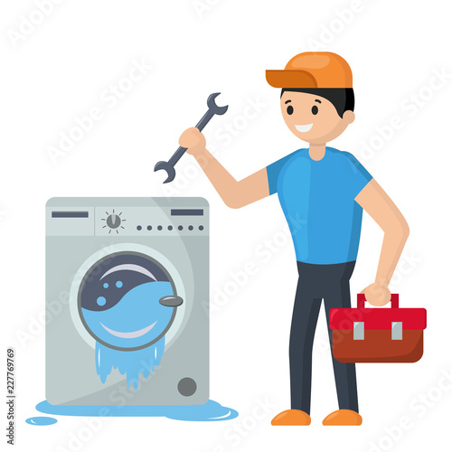 Repairman is repairing the washing machine that is flowing. Flat cartoon vector illustration.