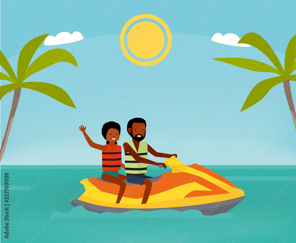 Happy couple rides a jet ski. Active travel concept. Cartoon flat style illustration. African american people.