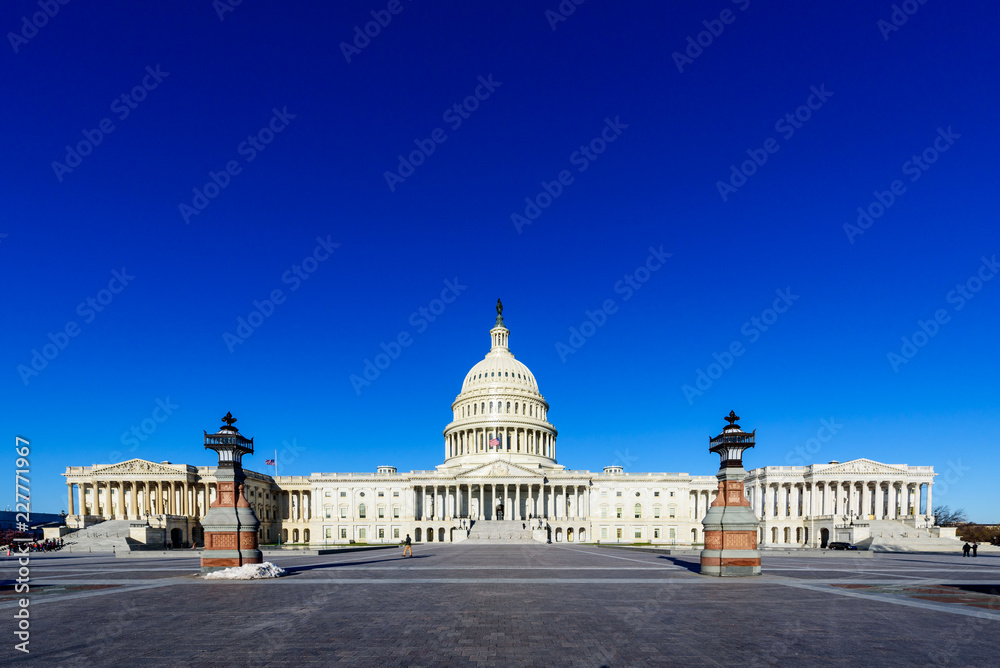 Panorama of Capitol Building in the Morning with Blue Sky, Washington DC