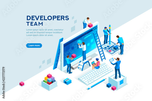 Engineer team at project development, template for developer. Coding develop, programmer at computer or workstation for business. Concept with character, flat isometric vector illustration