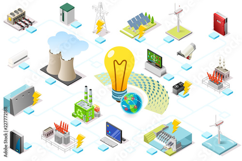 Power grid infographic, generating of power consumption. Energy element on line transmission. Station with high voltage socket. Flat isometric flowchart concept with characters. Vector illustration.