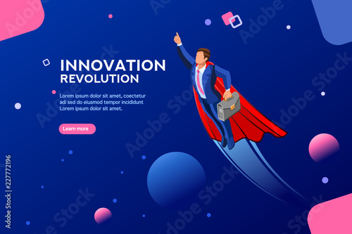 Technology transformation from digital success to income up. Imagination and innovation, start-up plan. Adult winner in the space. Concept with character with text. Flat isometric vector illustration