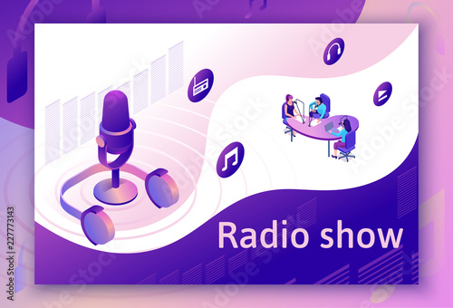 Podcast isometric 3d illustration, modern music radio show or audio blog concept, vector landing page template with people, microphone, sound studio interior in violet color