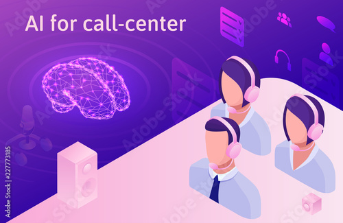 Artificial intelligence manages call center, isometric 3d vector